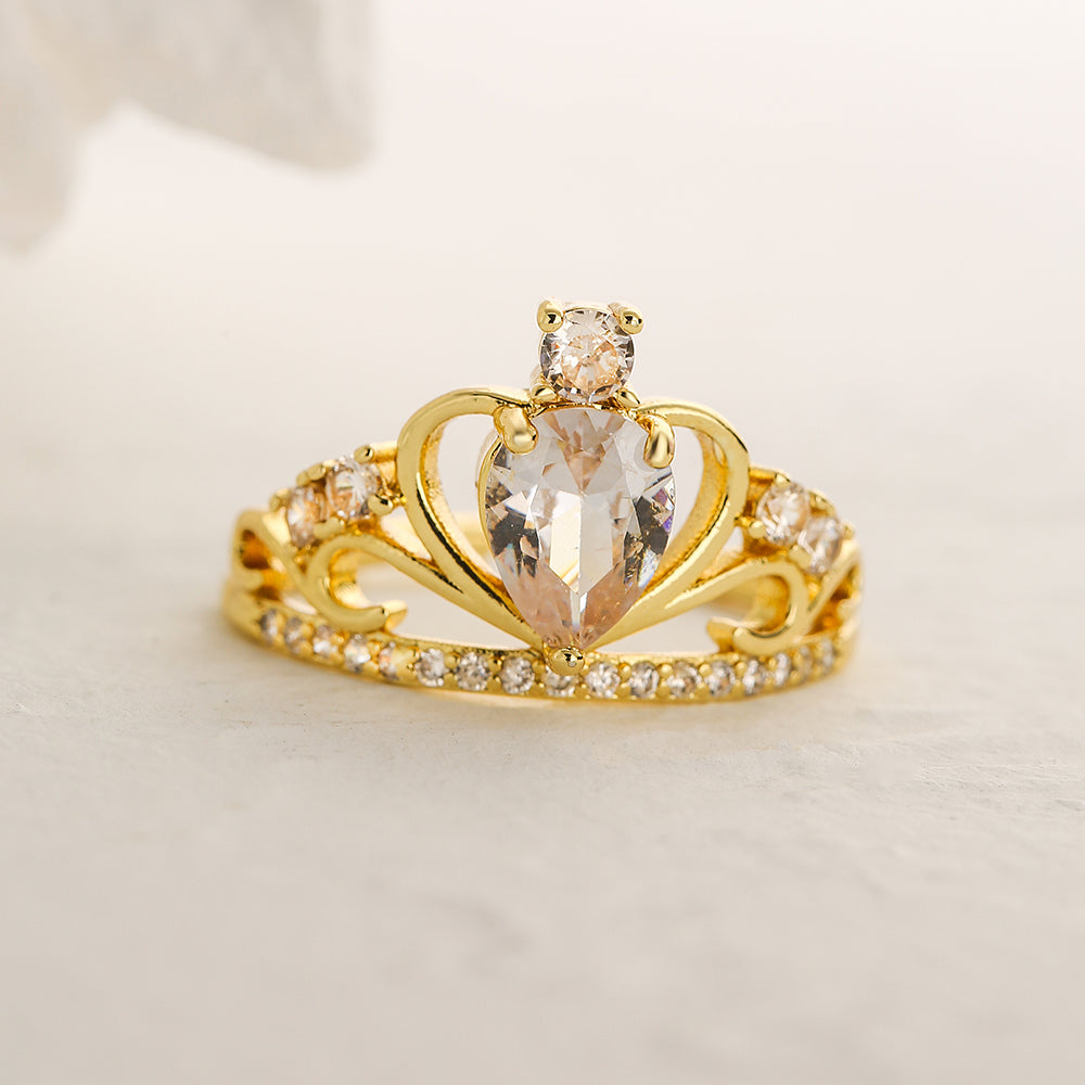 Classic Style Commute Crown Copper 18K Gold Plated Zircon Open Ring in Bulk