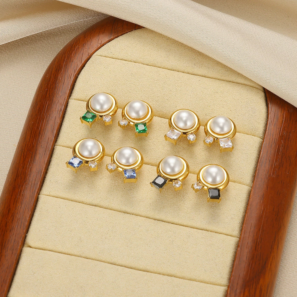 Wholesale French Retro Geometric Imitation Pearl and Stainless Steel Earrings for Women with Electroplating