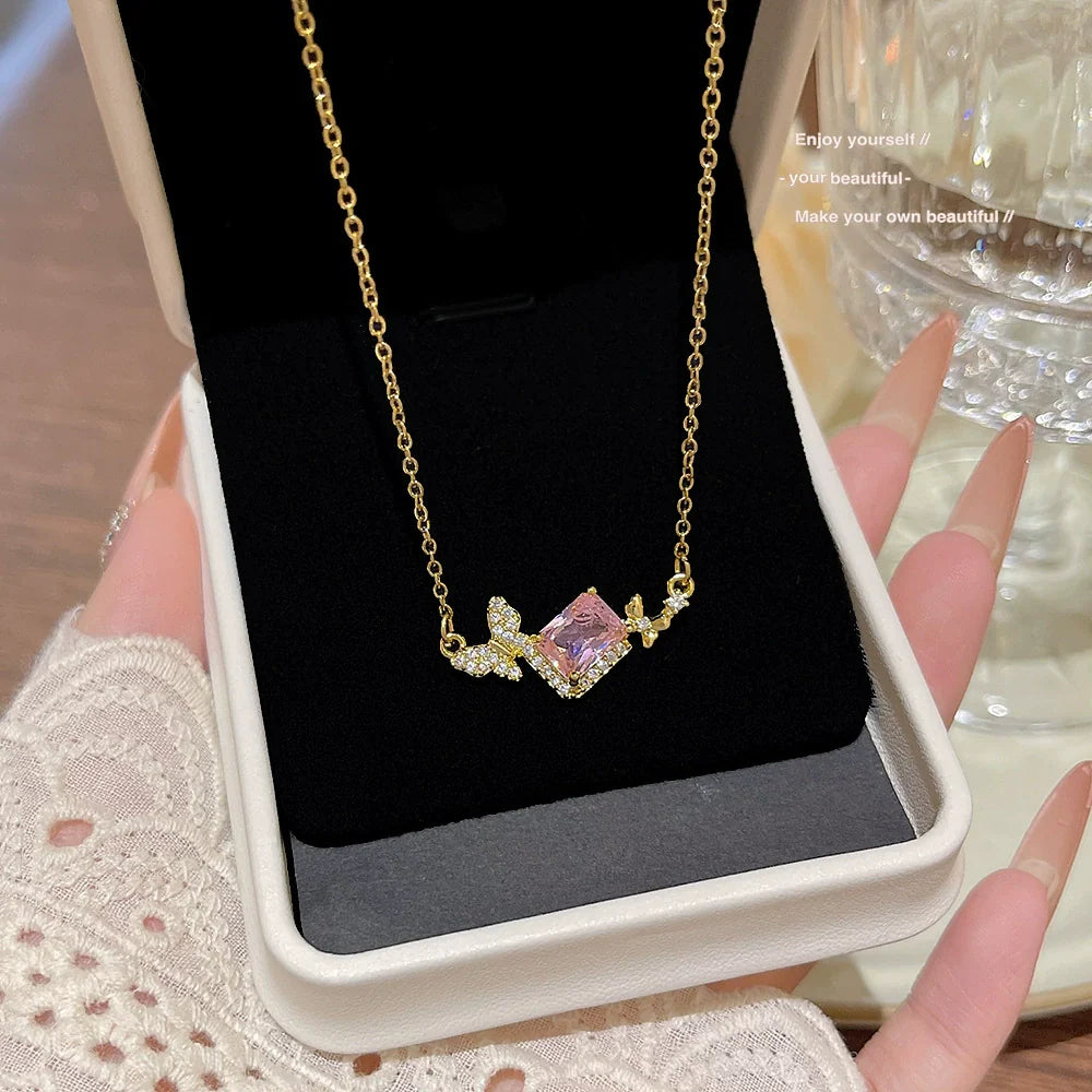 Rosé Crystal Ribbon Charm Necklace