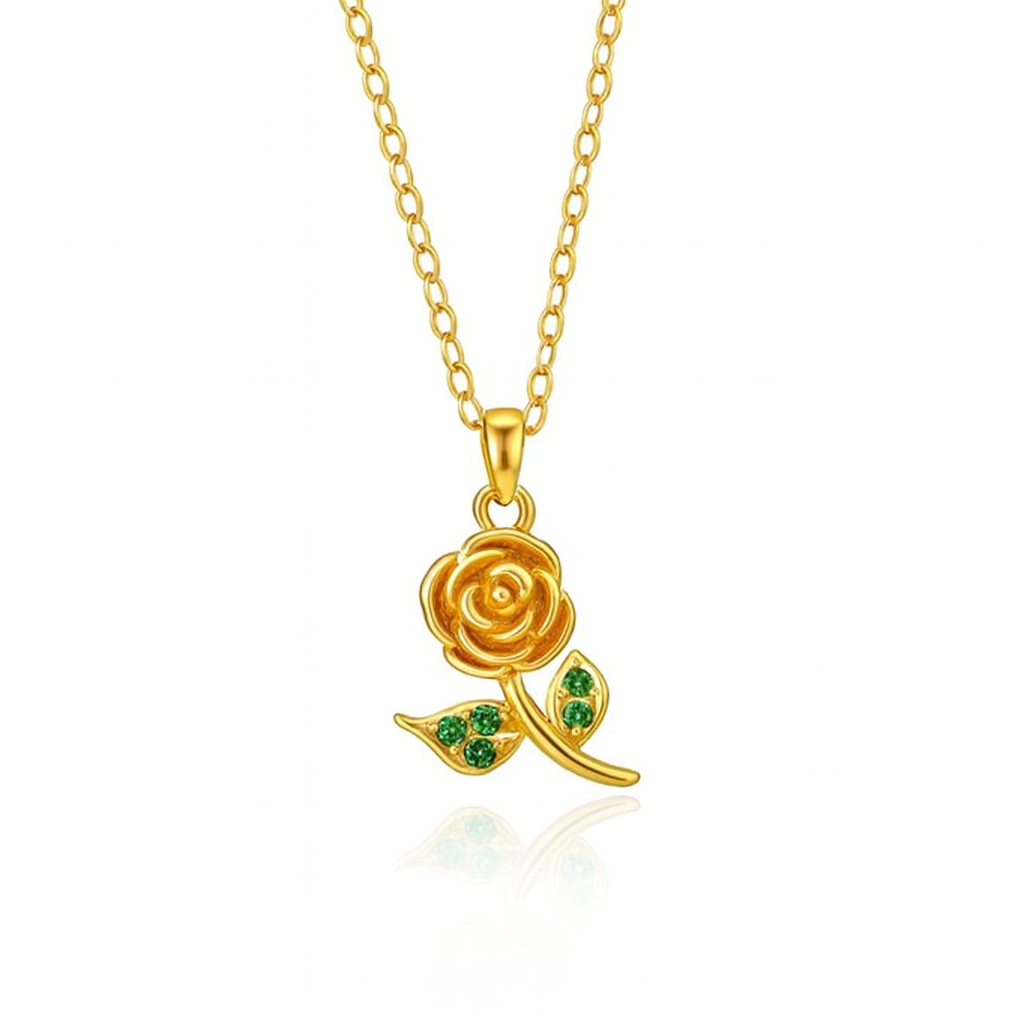 Gold Rose & Emerald Leaf Pendant