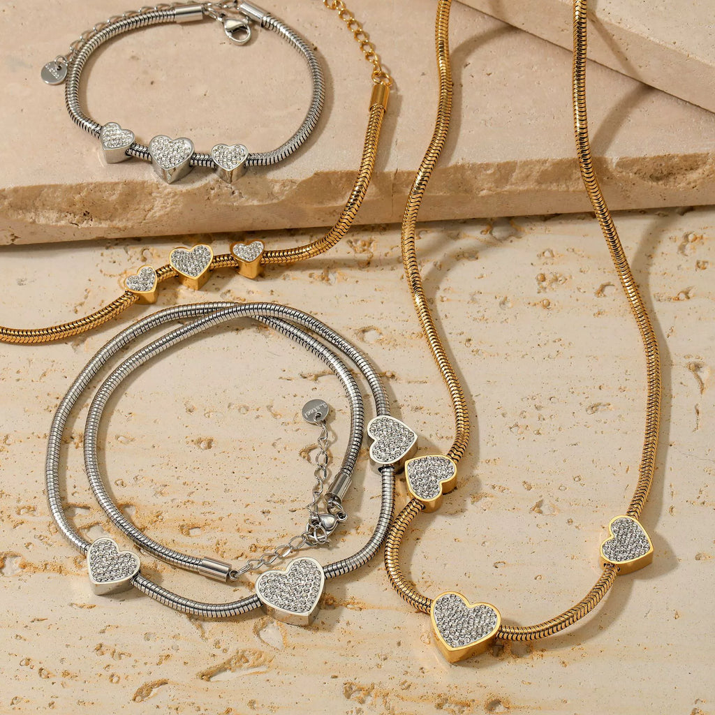 Light Luxury Love Heart Women'S Jewelry Set with Stainless Steel Accessories Electroplated Bracelet and Necklace Featuring Love Water Drops and Bell Patterns