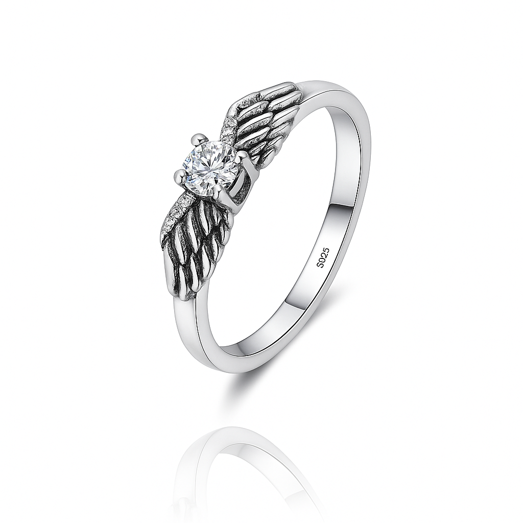 Vintage Angel Wings Silver Zircon Ring
