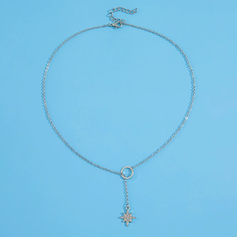 Alloy Ushaped Eightpointed Star Pendant Short Metal Circle Clavicle Chain Necklace Electroplated