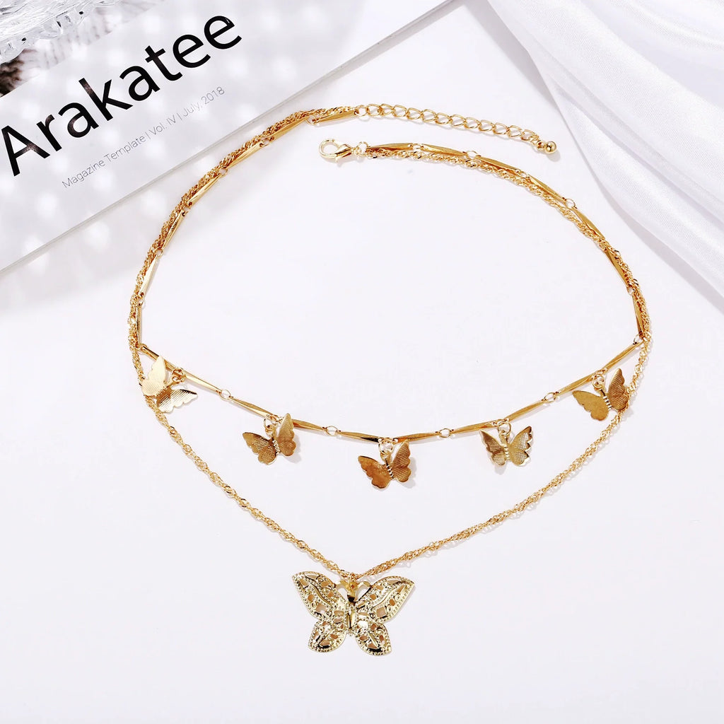 Bohemian Alloy Butterfly Double Layer Necklace 
