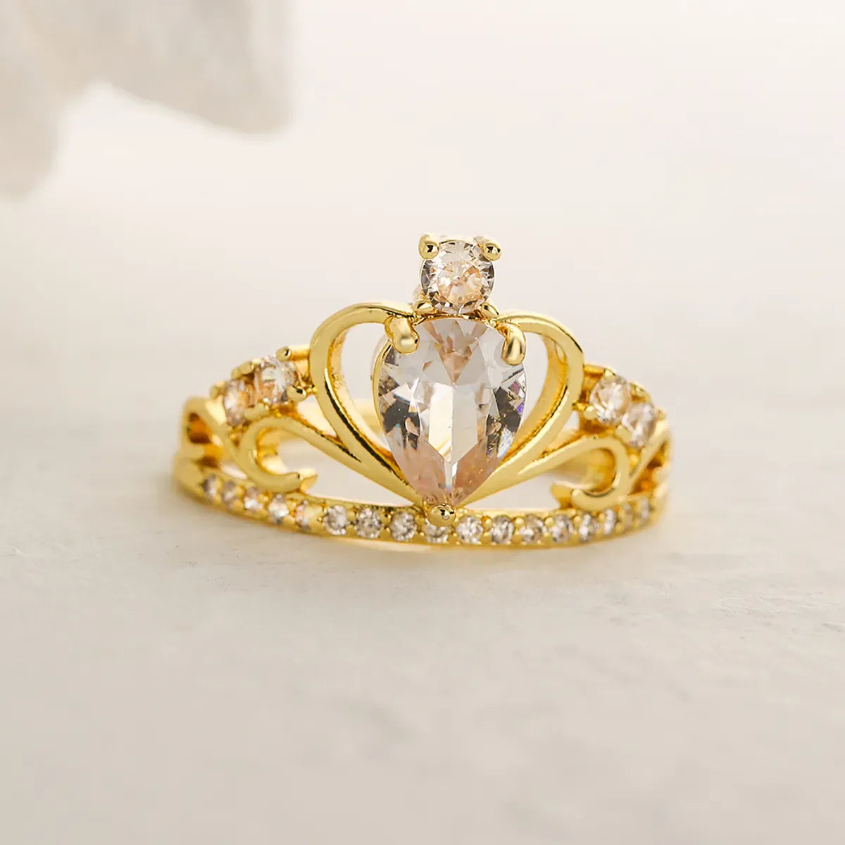 Classic Style Commute Crown Copper 18K Gold Plated Zircon Open Ring in Bulk