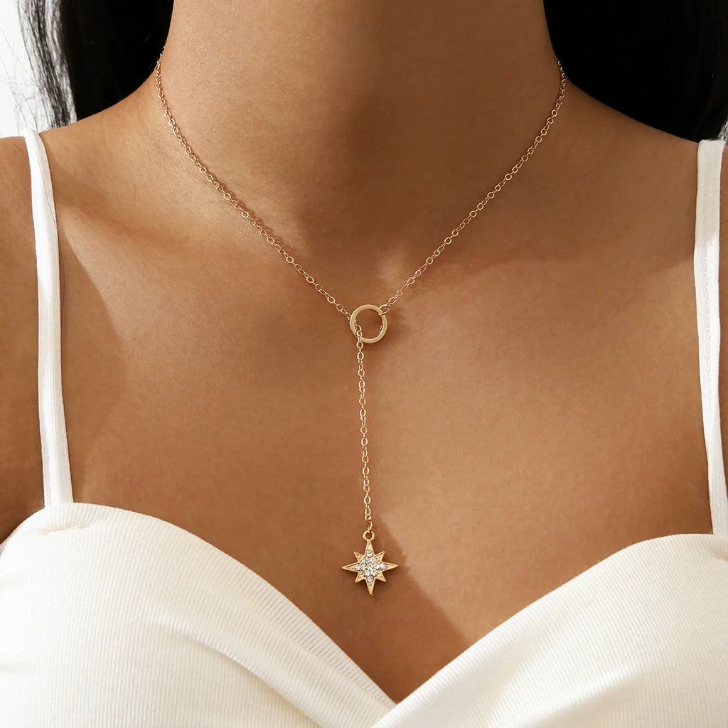 Alloy Ushaped Eightpointed Star Pendant Short Metal Circle Clavicle Chain Necklace Electroplated