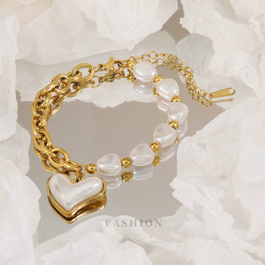 Elegant Heart-Shaped Irregular Pearl Bracelet for Women in Stainless Steel with 18K Gold Vacuum Electroplating - Waterproof and Colorfast