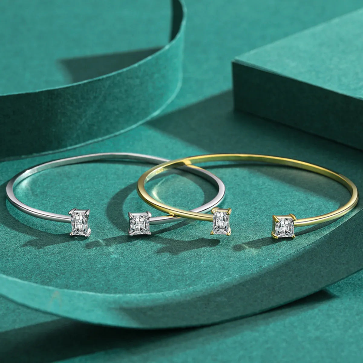 Ins Style Square Sterling Silver Plating Inlay Zircon 14K Gold Plated Rhodium Plated Cuff Bracelets