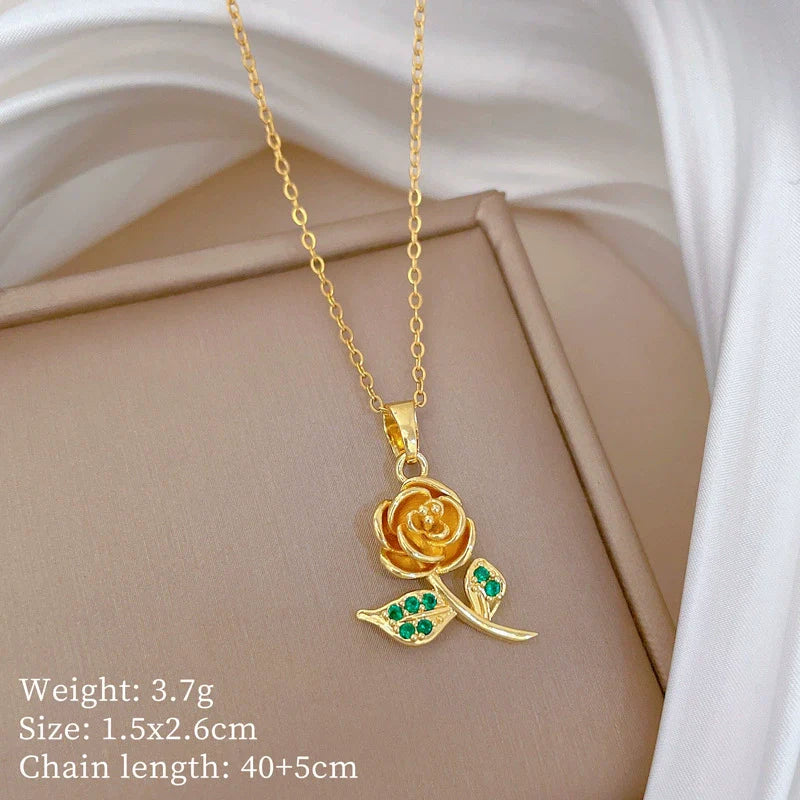 Gold Rose & Emerald Leaf Pendant