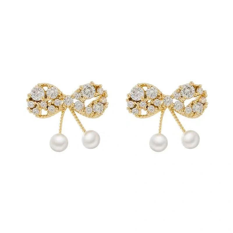 S925 Silver Rhinestone Bow Ear Studs for Women with Geometric Patterns Elegant and Sweet