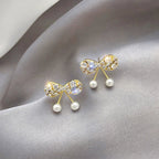S925 Silver Rhinestone Bow Ear Studs for Women with Geometric Patterns Elegant and Sweet