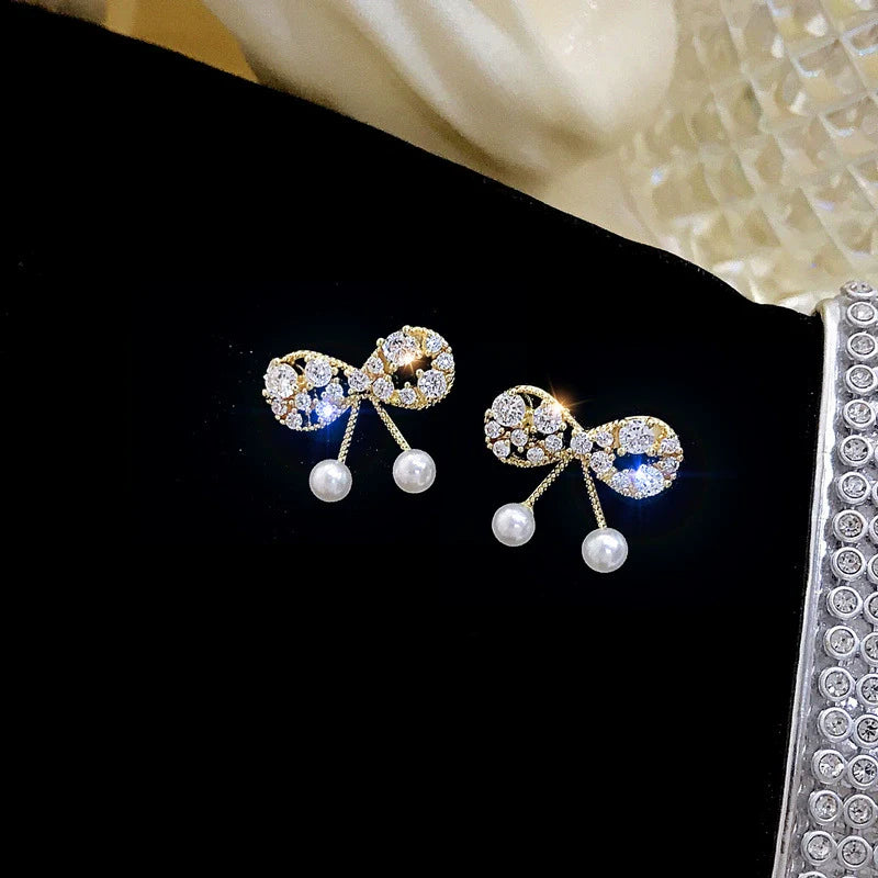 S925 Silver Rhinestone Bow Ear Studs for Women with Geometric Patterns Elegant and Sweet