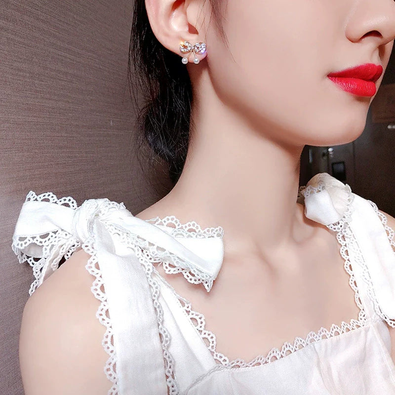 S925 Silver Rhinestone Bow Ear Studs for Women with Geometric Patterns Elegant and Sweet