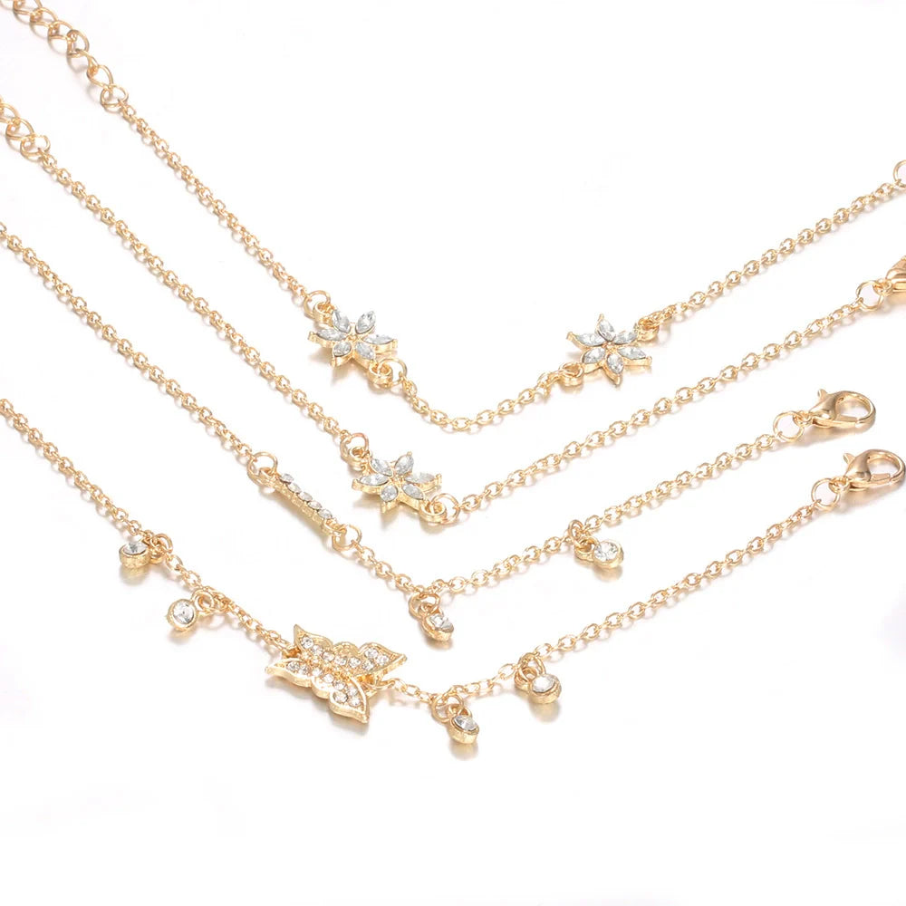 Simple Normcore Style Unisex Butterfly Flower Bracelet 4 Piece Set with Diamonds Alloy Material Electroplating Design
