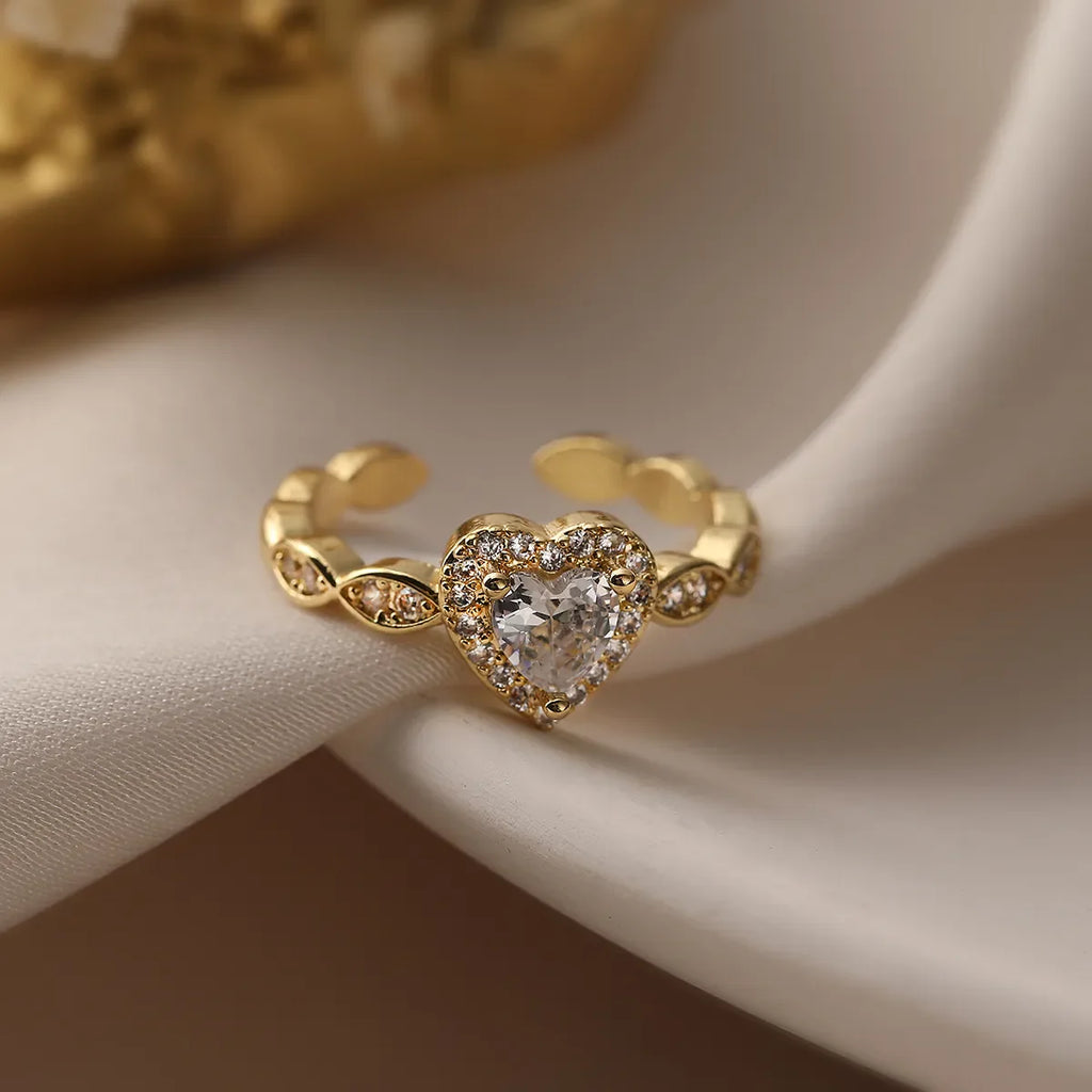 Simple Style Heart Shape Copper 18K Gold Plated Zircon Open Rings in Bulk