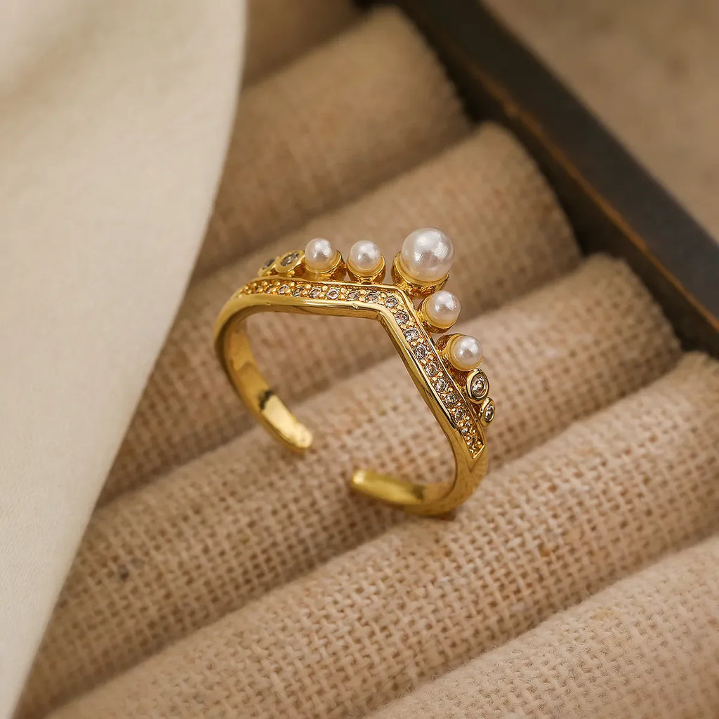 Simple Style round Copper 18K Gold Plated Artificial Pearls Zircon Open Rings in Bulk