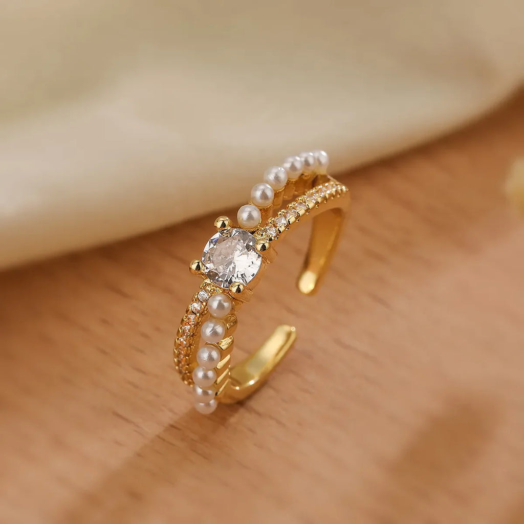 Simple Style round Copper 18K Gold Plated Artificial Pearls Zircon Open Rings in Bulk