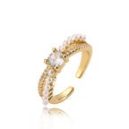 Simple Style round Copper 18K Gold Plated Artificial Pearls Zircon Open Rings in Bulk
