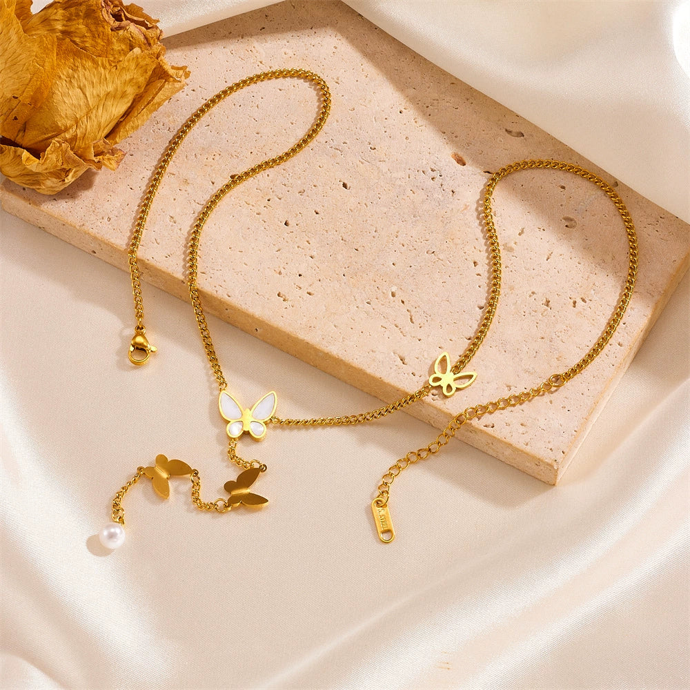 Titanium Steel Double Layer Butterfly Pearl Tassel Necklace and Ear Buckle Set with Love Water Drops Bell Pattern for Women