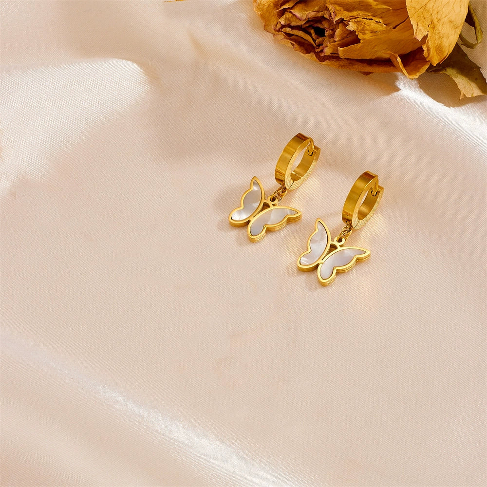 Titanium Steel Double Layer Butterfly Pearl Tassel Necklace and Ear Buckle Set with Love Water Drops Bell Pattern for Women