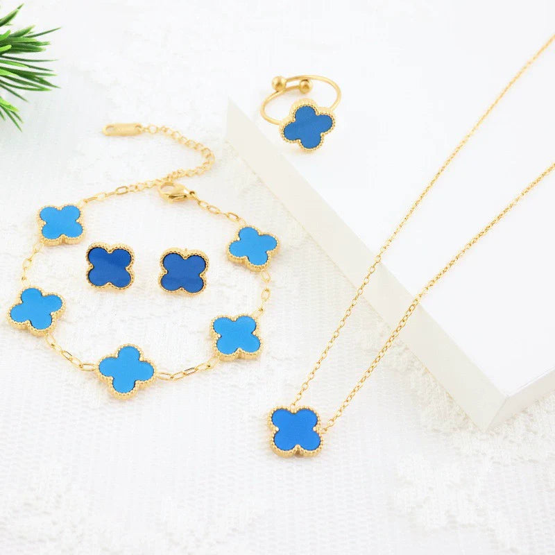 Titanium Steel Four Leaf Clover Elegant Jewelry Fourpiece Set for Girls with Electroplating