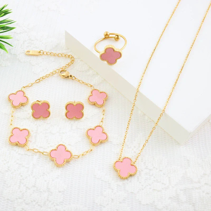 Titanium Steel Four Leaf Clover Elegant Jewelry Fourpiece Set for Girls with Electroplating