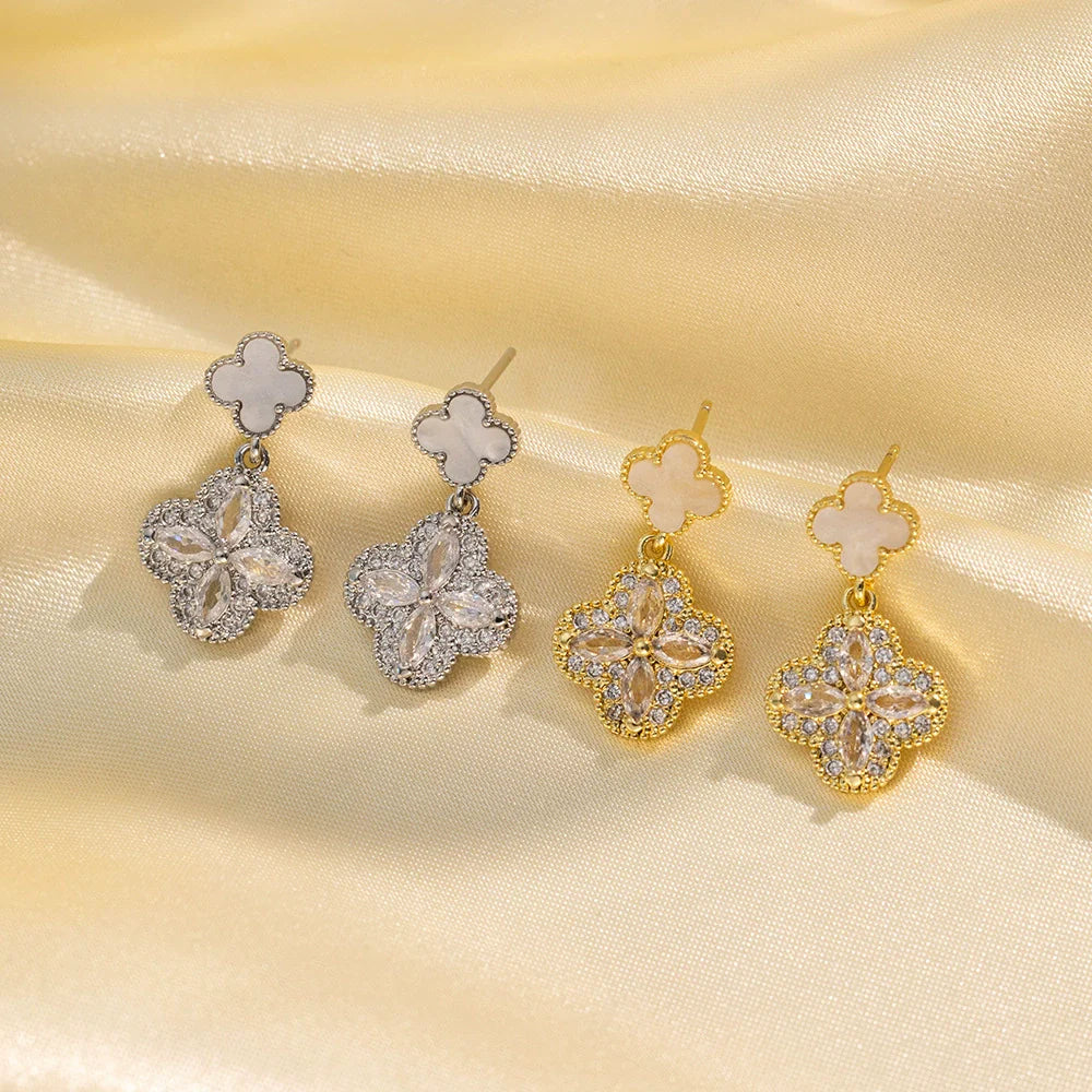Golden Clover Crystal Drop Earrings