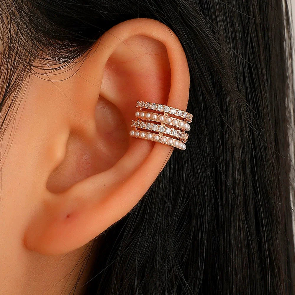 Wholesale Copper Pearls Multilayer Ear Clip Single Earrings for Women with Geometric Design and Pearl Setting