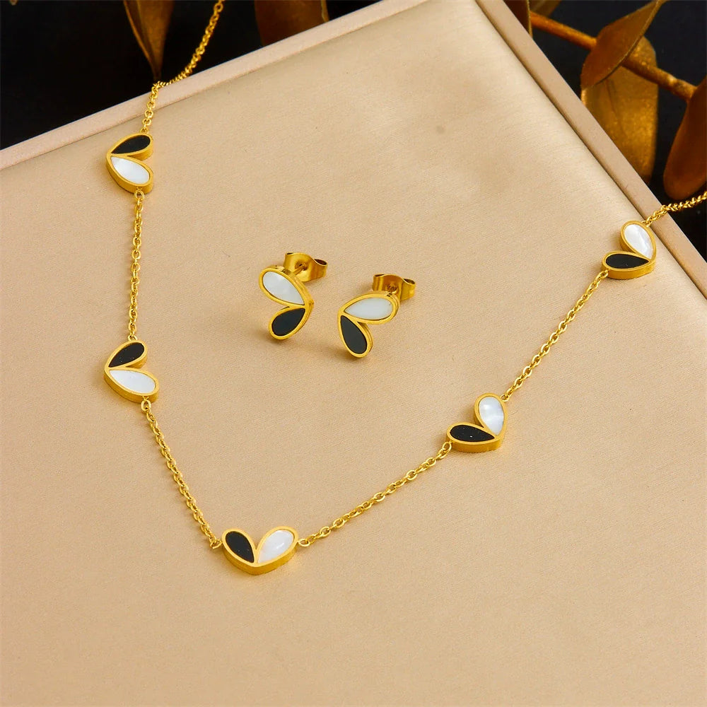 Wholesale Fashion Jewelry Stainless Steel Heart Pendant Earrings Necklaces and Bracelets Set with Love Water Drops Bells Pattern Electroplated