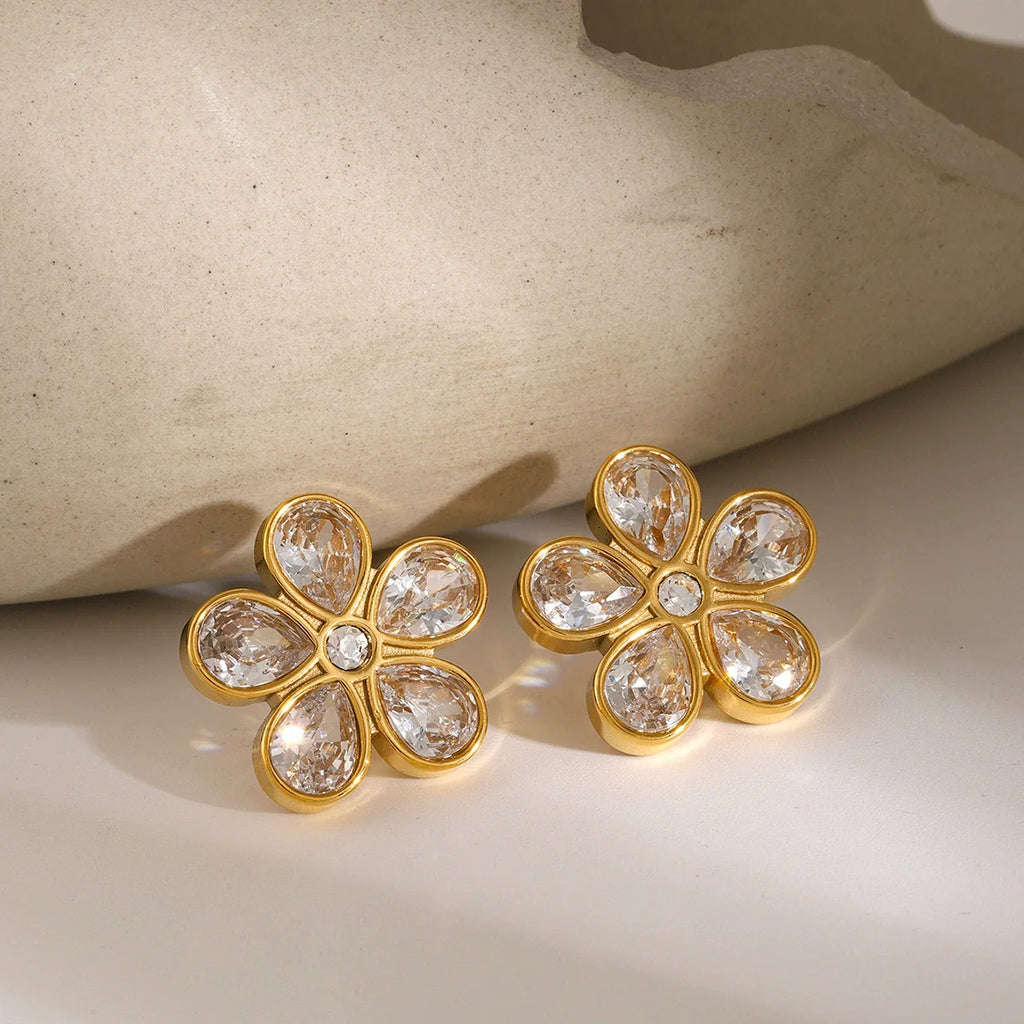 Wholesale French Retro Style Stainless Steel Flowershaped Zircon Earrings with Electroplating for Women