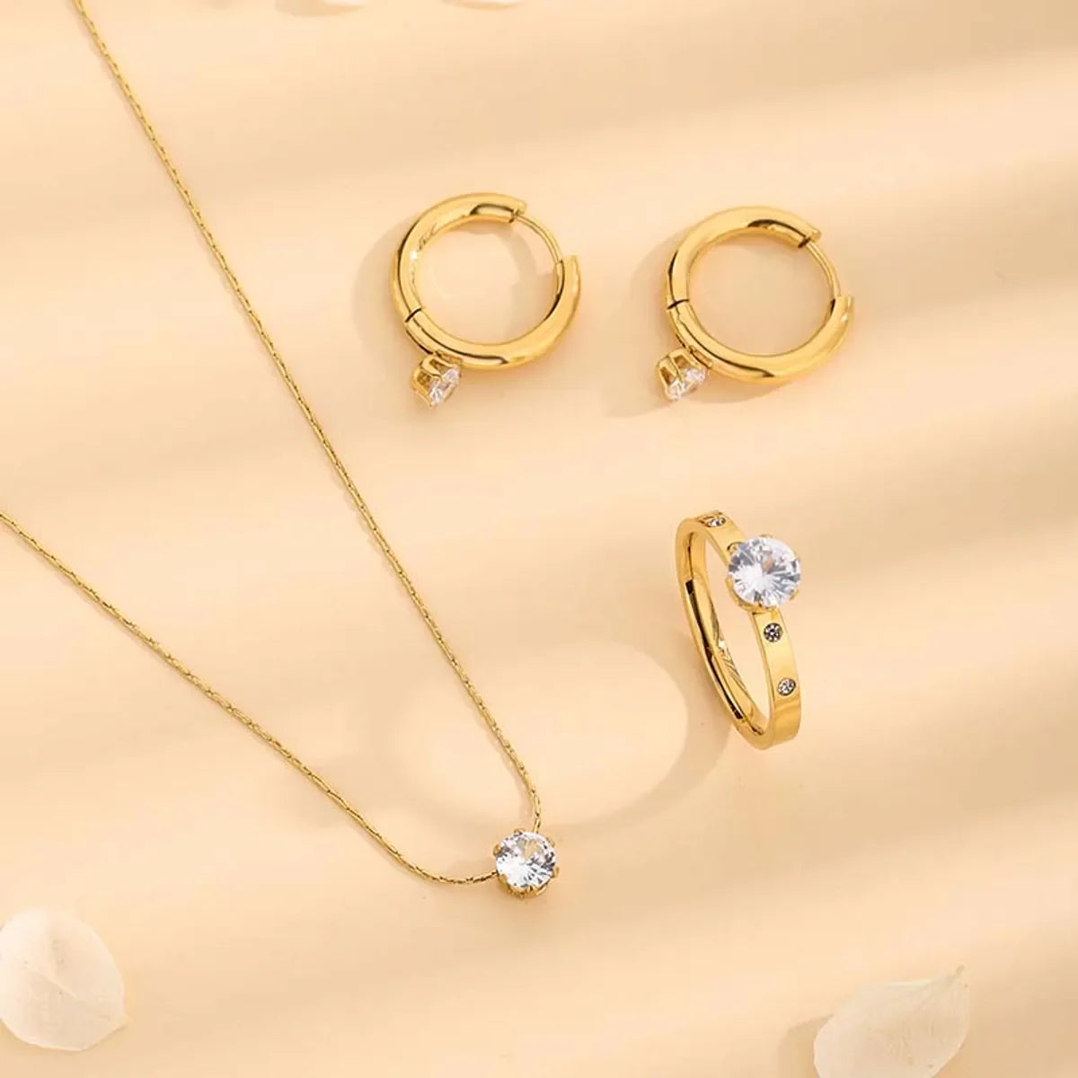 Wholesale Jewelry Basic Simple Style Classic Style round Solid Color 304 Stainless Steel Rhinestones 18K Gold Plated Inlay Jewelry Set