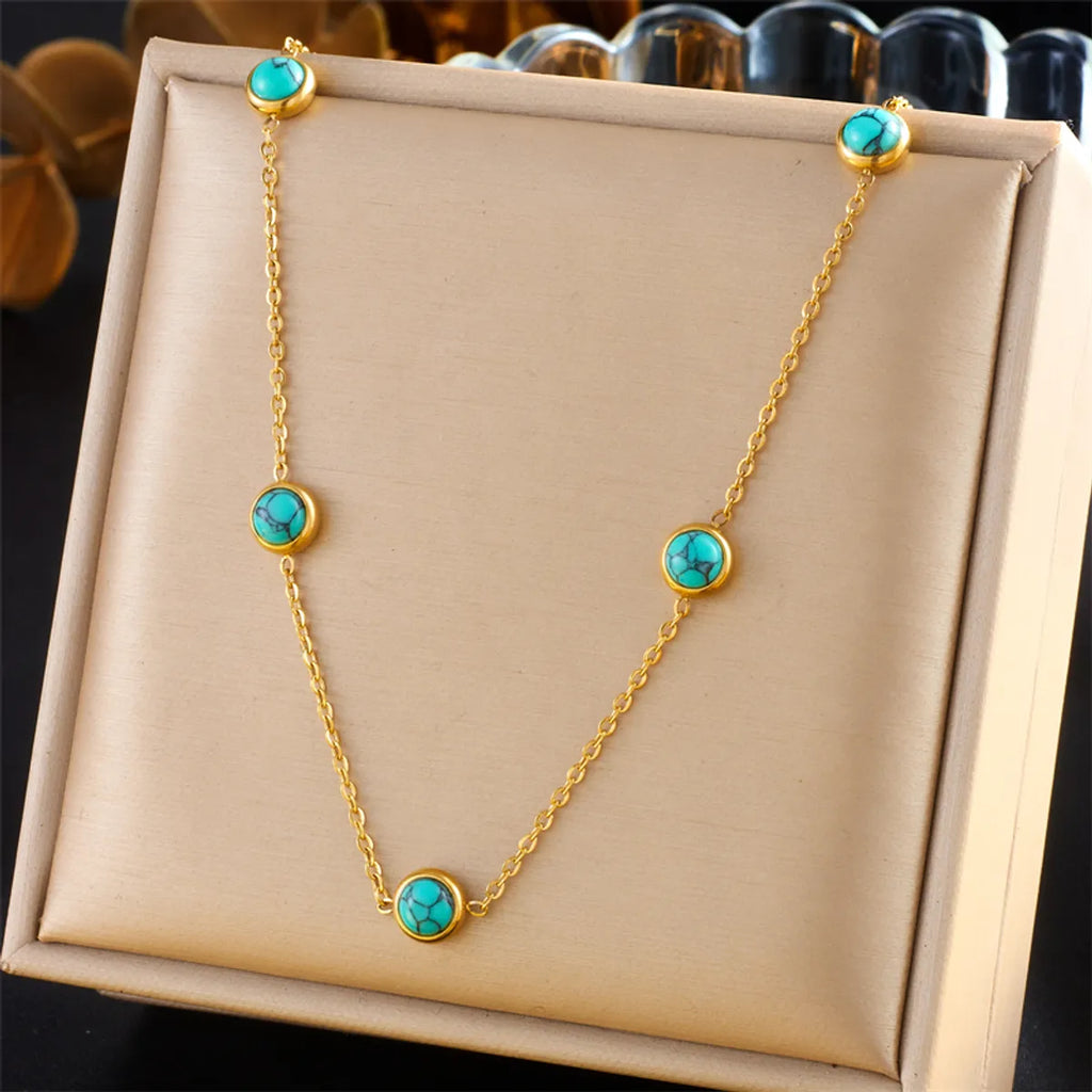 Wholesale Jewelry Vintage Style Simple Style round 304 Stainless Steel Turquoise 18K Gold Plated Inlay Jewelry Set
