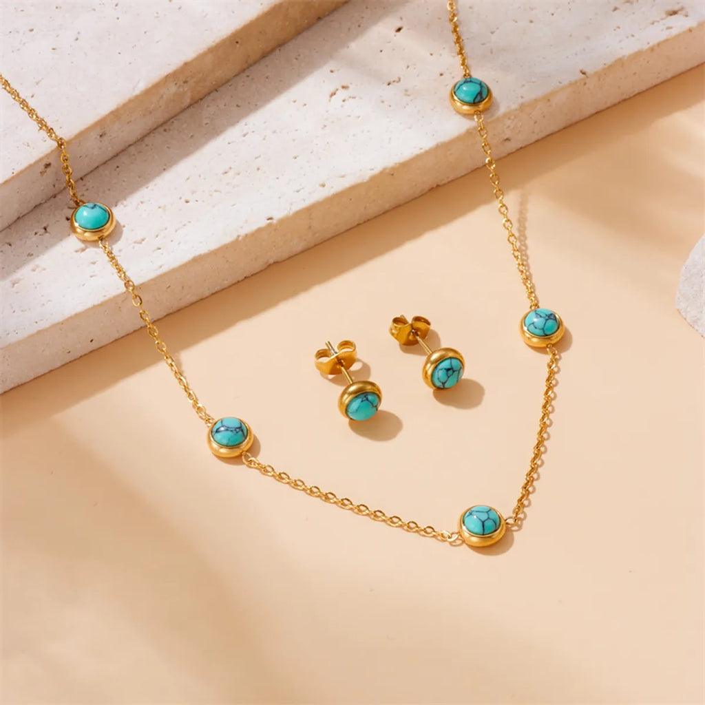 Wholesale Jewelry Vintage Style Simple Style round 304 Stainless Steel Turquoise 18K Gold Plated Inlay Jewelry Set