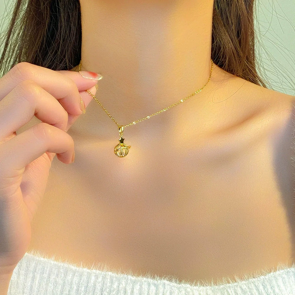 Wholesale Light Luxury Star Pattern Hollow Small Planet Pendant Electroplated Titanium Steel and Copper Ochain Necklace for Women
