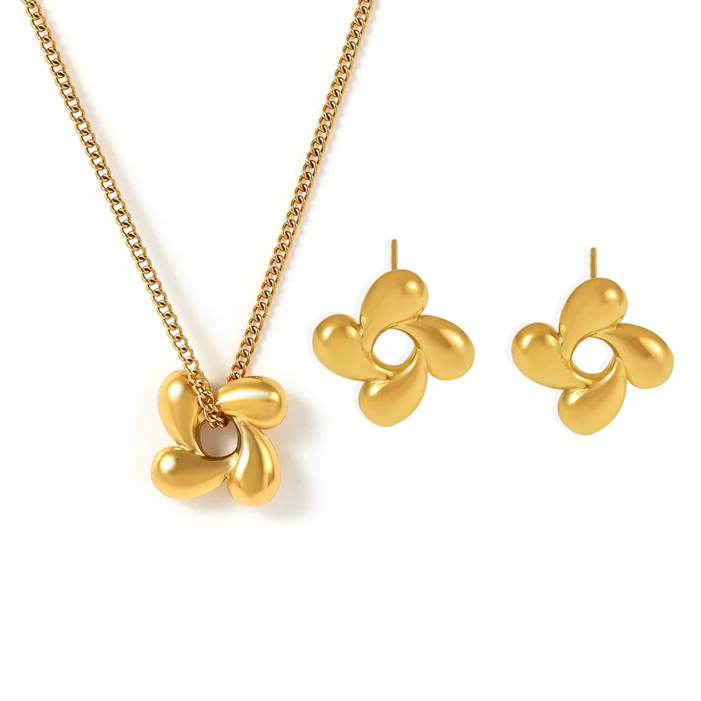 Wholesale Minimalist Rotating Flower Stainless Steel Necklace and Earrings Suit with Electroplating Fashion Ol Style Regular Chain