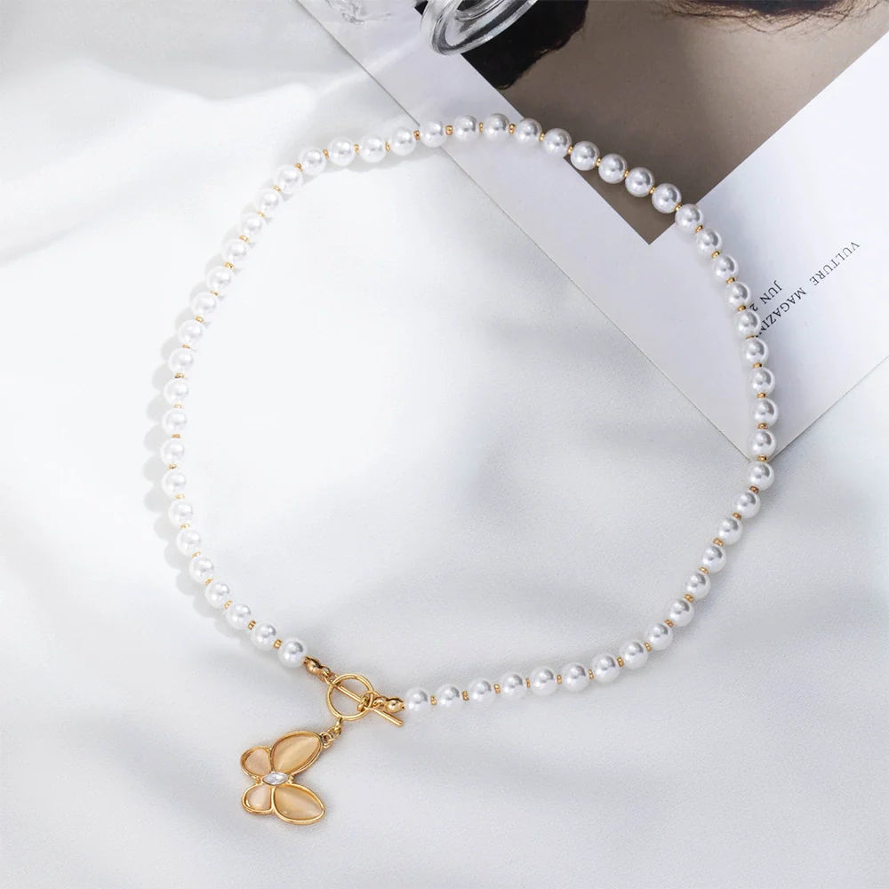 Wholesale Necklace Alloy Pearl Chain Butterfly Pendant Electroplated