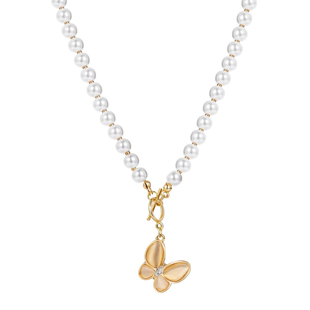 Wholesale Necklace Alloy Pearl Chain Butterfly Pendant Electroplated