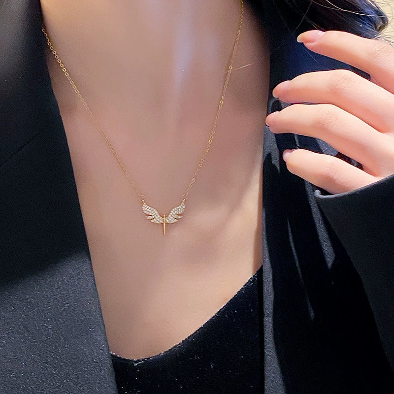 Wholesale Real Gold Plated Full Diamond Geometric Wings Sword Pendant Titanium Steel and Copper Necklace for Women