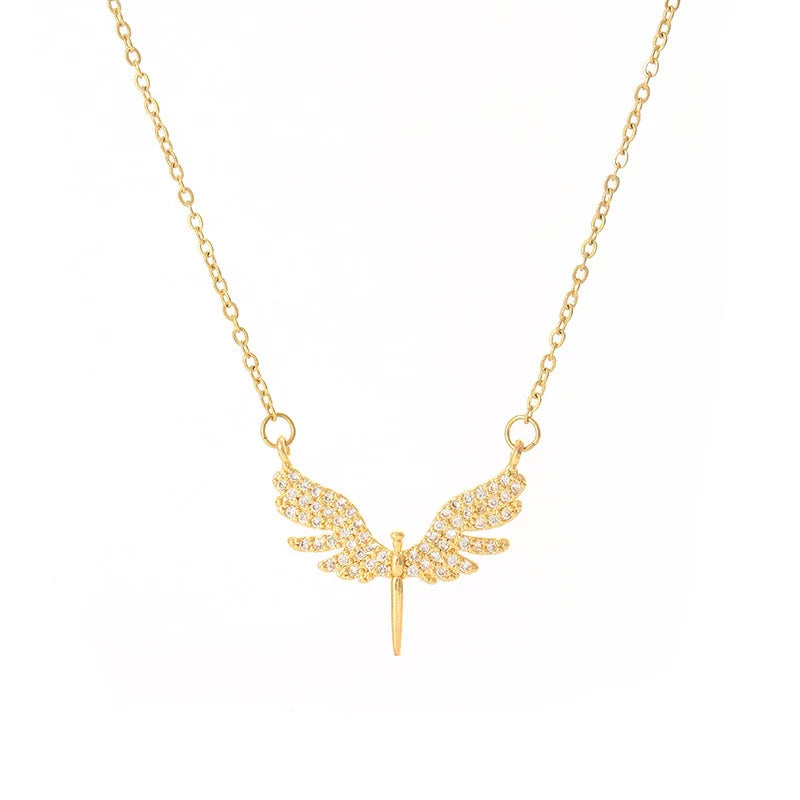 Wholesale Real Gold Plated Full Diamond Geometric Wings Sword Pendant Titanium Steel and Copper Necklace for Women