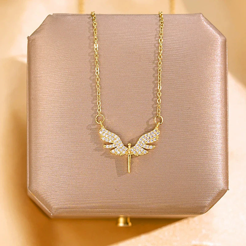 Wholesale Real Gold Plated Full Diamond Geometric Wings Sword Pendant Titanium Steel and Copper Necklace for Women