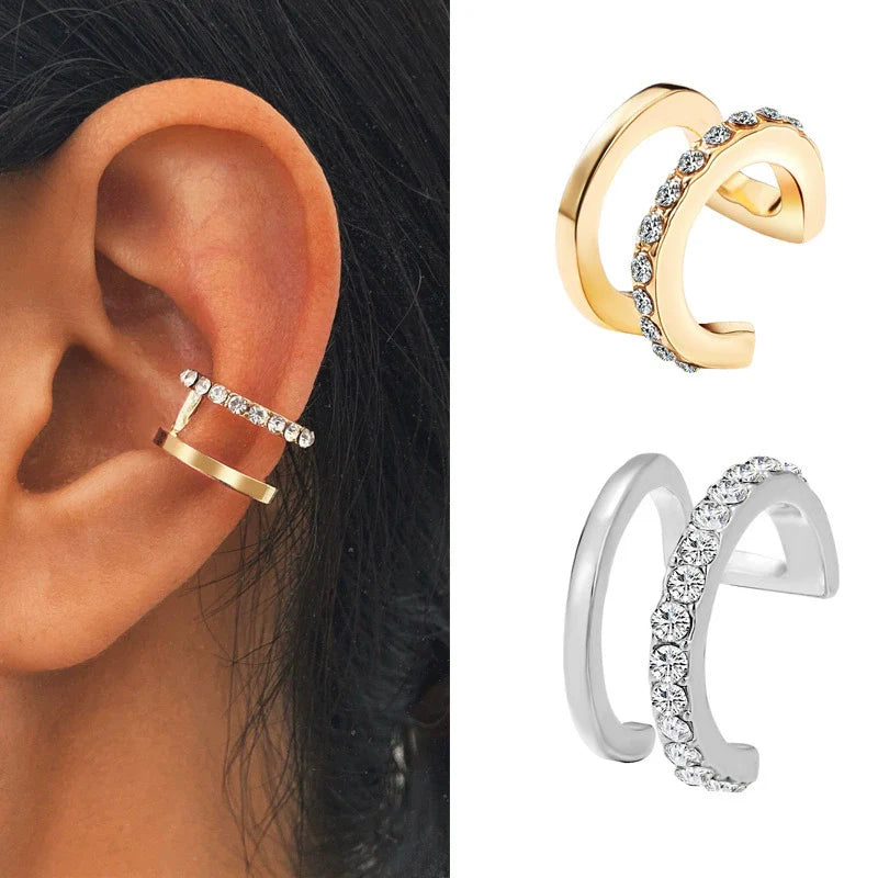 Wholesale Simple Lines Diamond Double C and Double U Shaped Ear Clips for Women and Unisex Made of Alloy with Rhinestone Design