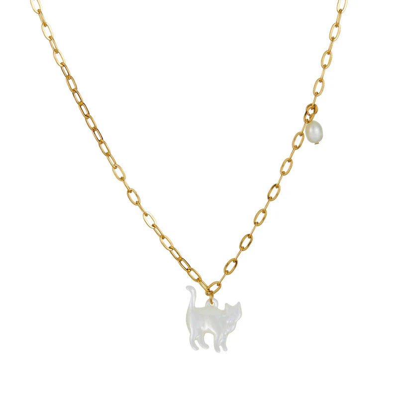Wholesale Women'S Childhood Style Animals Zodiac Shell and Freshwater Pearl Necklace with Titanium Steel Plated 18K Golden Regular Chain and Polishing Treatment