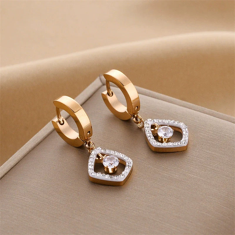 Golden Geometric Crystal Drop Earrings