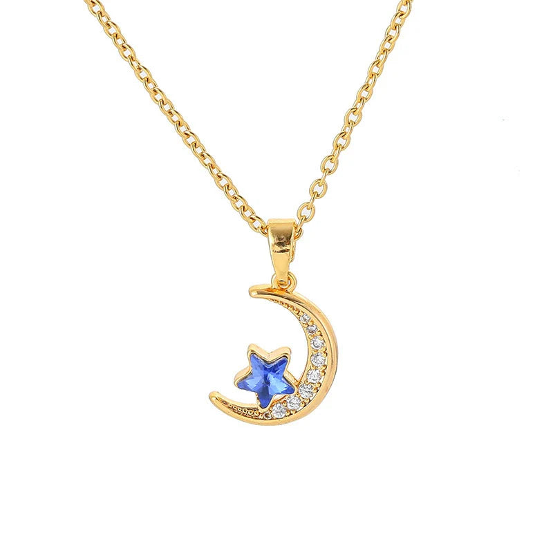 Women'S Star Moon Titanium Steel Necklace with Mixed Gem Inlay Pendant and Electroplating Treatment O Chain