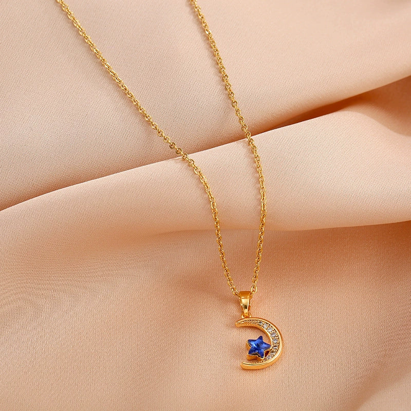 Women'S Star Moon Titanium Steel Necklace with Mixed Gem Inlay Pendant and Electroplating Treatment O Chain