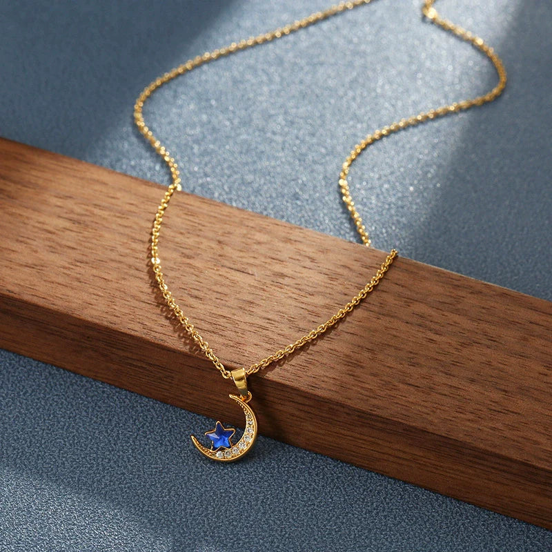 Women'S Star Moon Titanium Steel Necklace with Mixed Gem Inlay Pendant and Electroplating Treatment O Chain