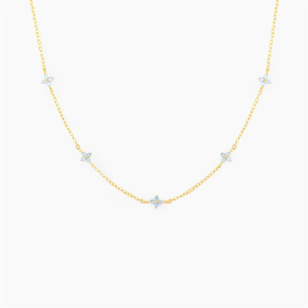 Women'S Sweet Style Blue Flower Brass Necklace with Zircon Treatment and Regular Chain