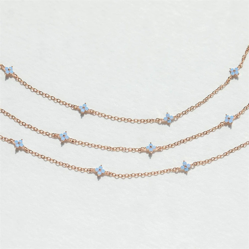 Women'S Sweet Style Blue Flower Brass Necklace with Zircon Treatment and Regular Chain