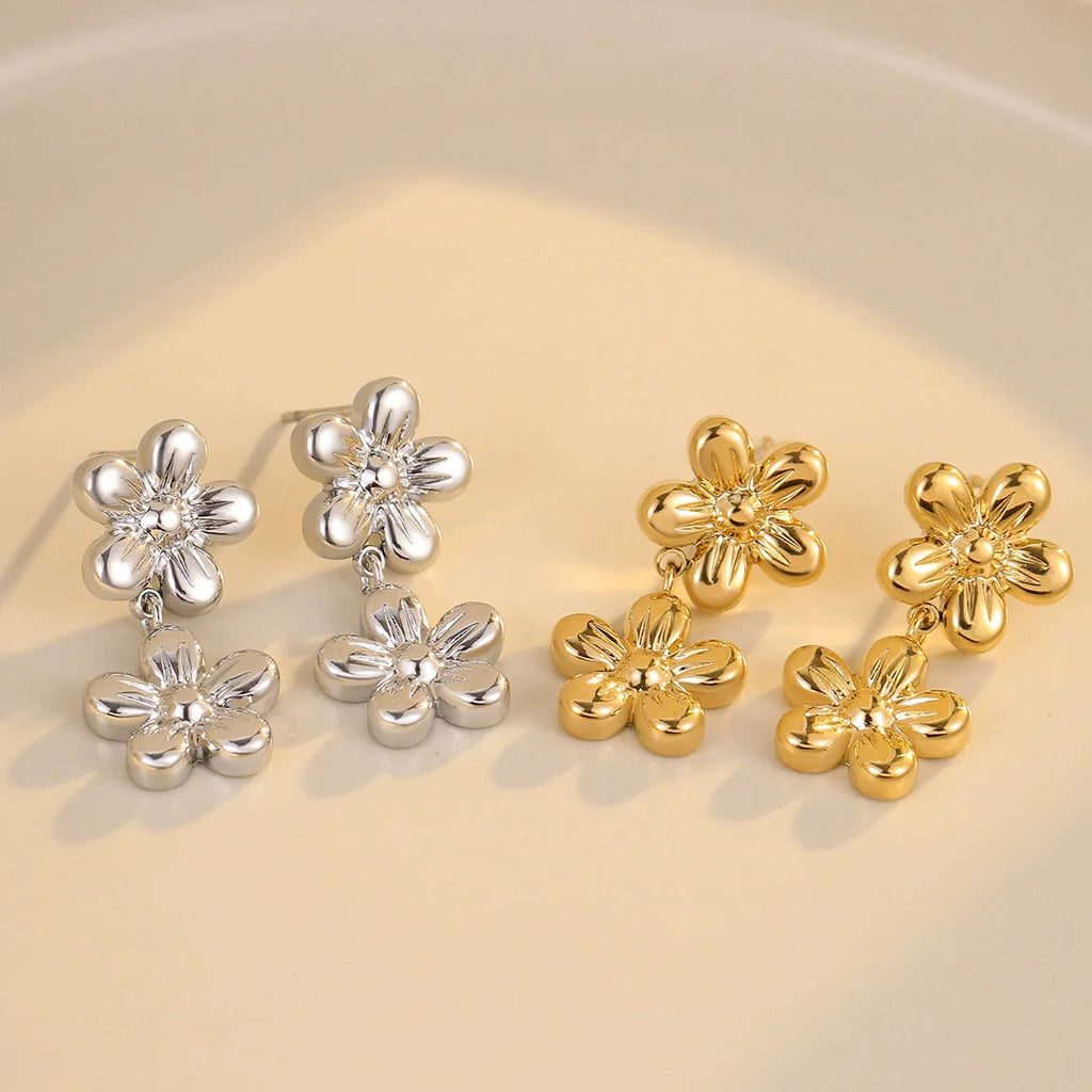 Women'S Vintage Simple and Versatile Stainless Steel Flower Tassel Earrings with Electroplating